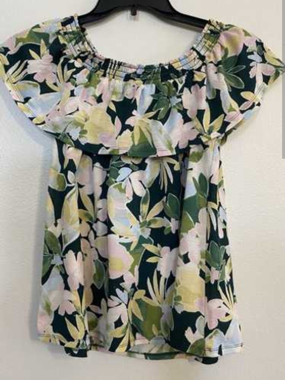 LC Lauren Conrad Dark Green Floral Off-Shoulder Tunic